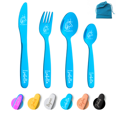 Juego de cubiertos de acero inoxidable de 6 colores personalizados de unicornio y dinosaurio para niños