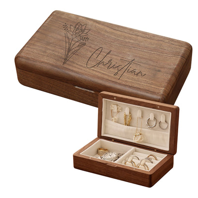 Joyero de madera personalizado con nombre de flor de nacimiento, regalo personalizado para mujer