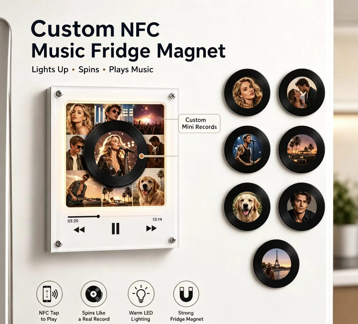 Custom Music Fridge Magnet Personalized NFC Record Player Magnet Photo Collage Music Box Voice Note Gift Anniversary Gift for Him Her
