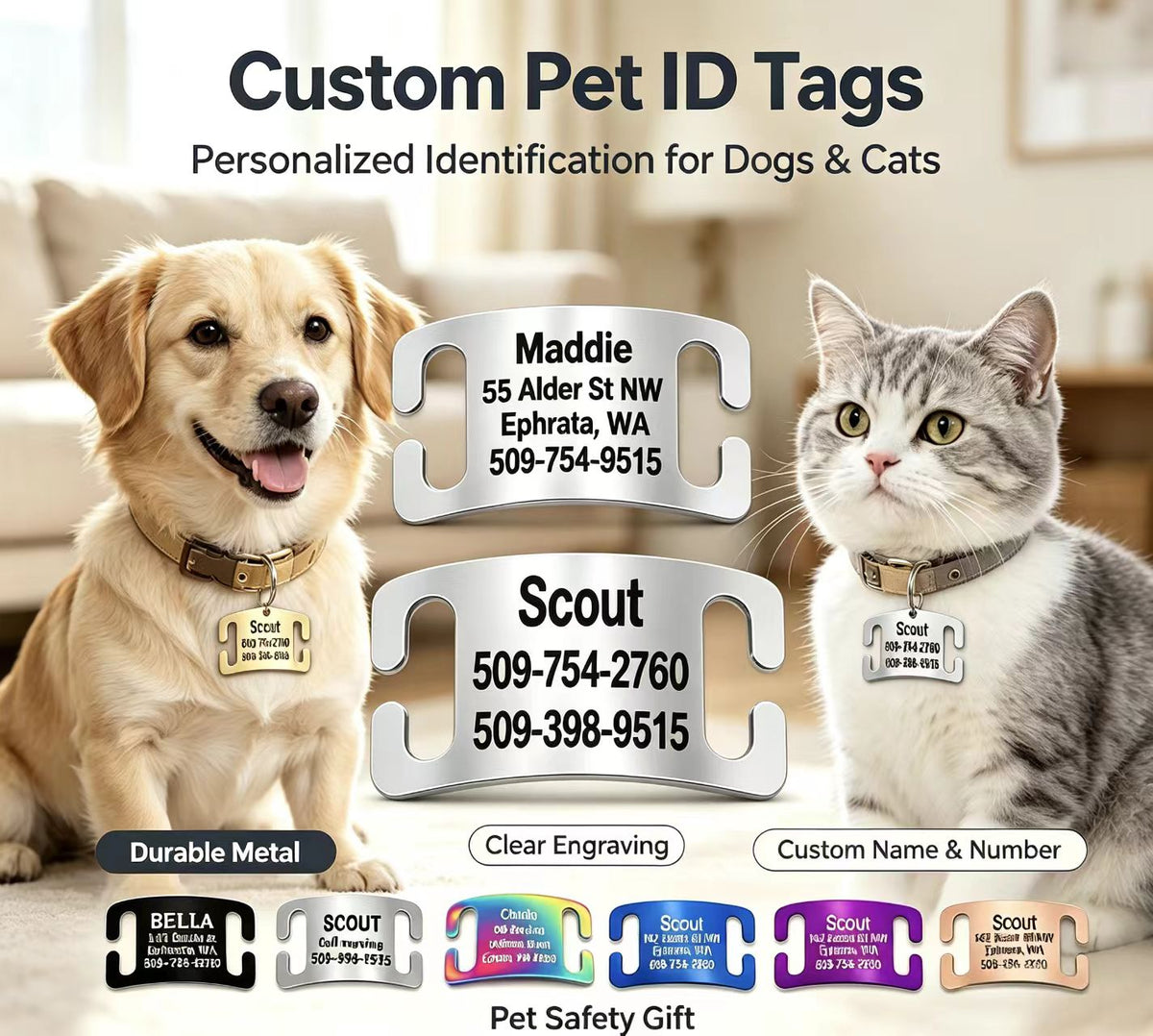 Slide-On Pet ID Tag Silent Stainless Steel Personalized Dog Tag