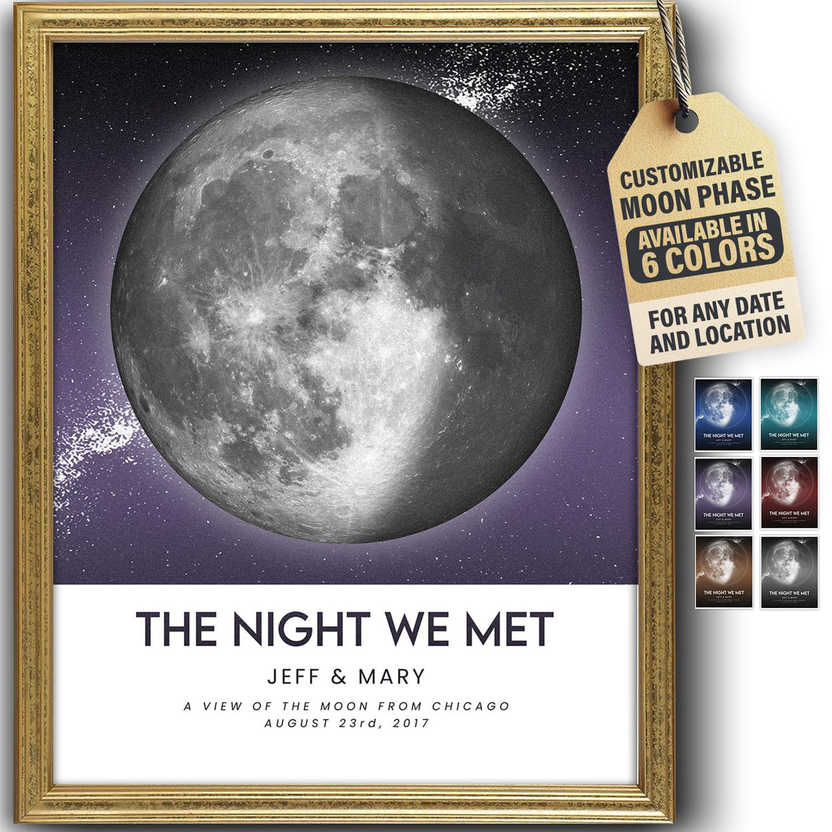 Custom Moon Phase Gift for Specific Date | Romantic Gifts for Her | Gifts for Husband | Personalized Night Sky | Paper Anniversary | (e.g. Wedding Valentine's Day Birthday etc) | Grey with Thin Border & Front Glow