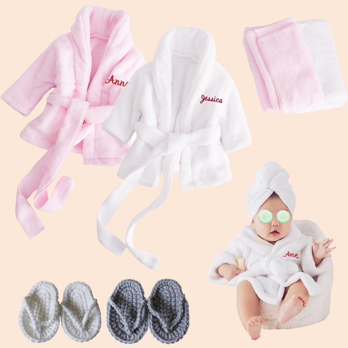Personalized Baby Robe with Embroidery Name Custom Baby Bath Robe for Girls and Boys with Washcloth or Slippers Gift for Baby Showers Newborn Baby Gifts Birthday Gifts Baby Essentials(0-12 M)