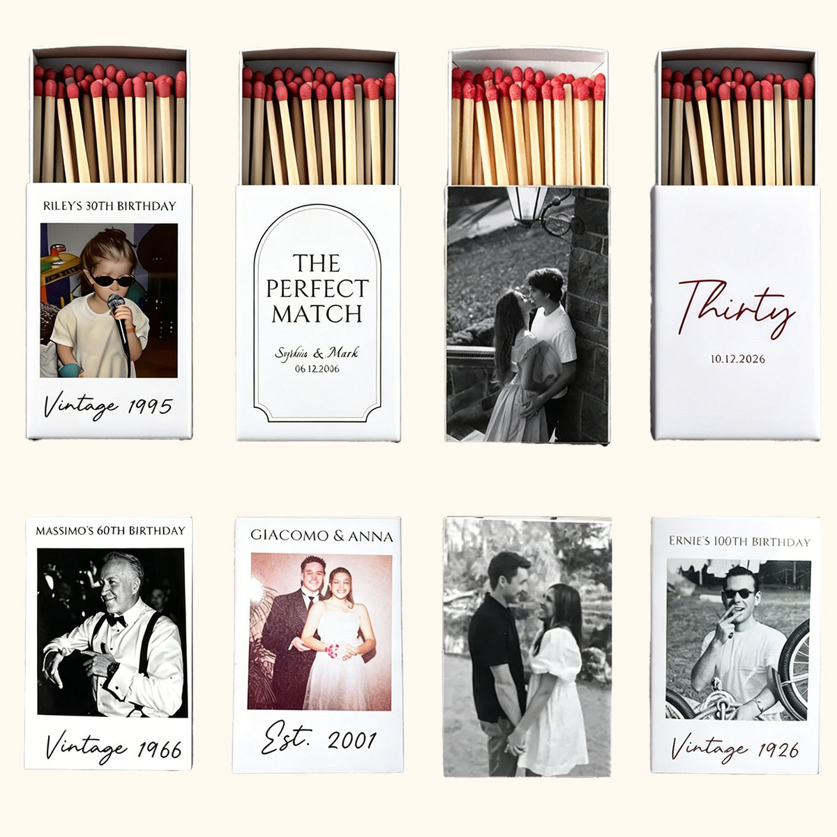 Fosforeras personalizadas, cajas de cerillas a granel con foto personalizada para regalos de cumpleaños, boda o compromiso
