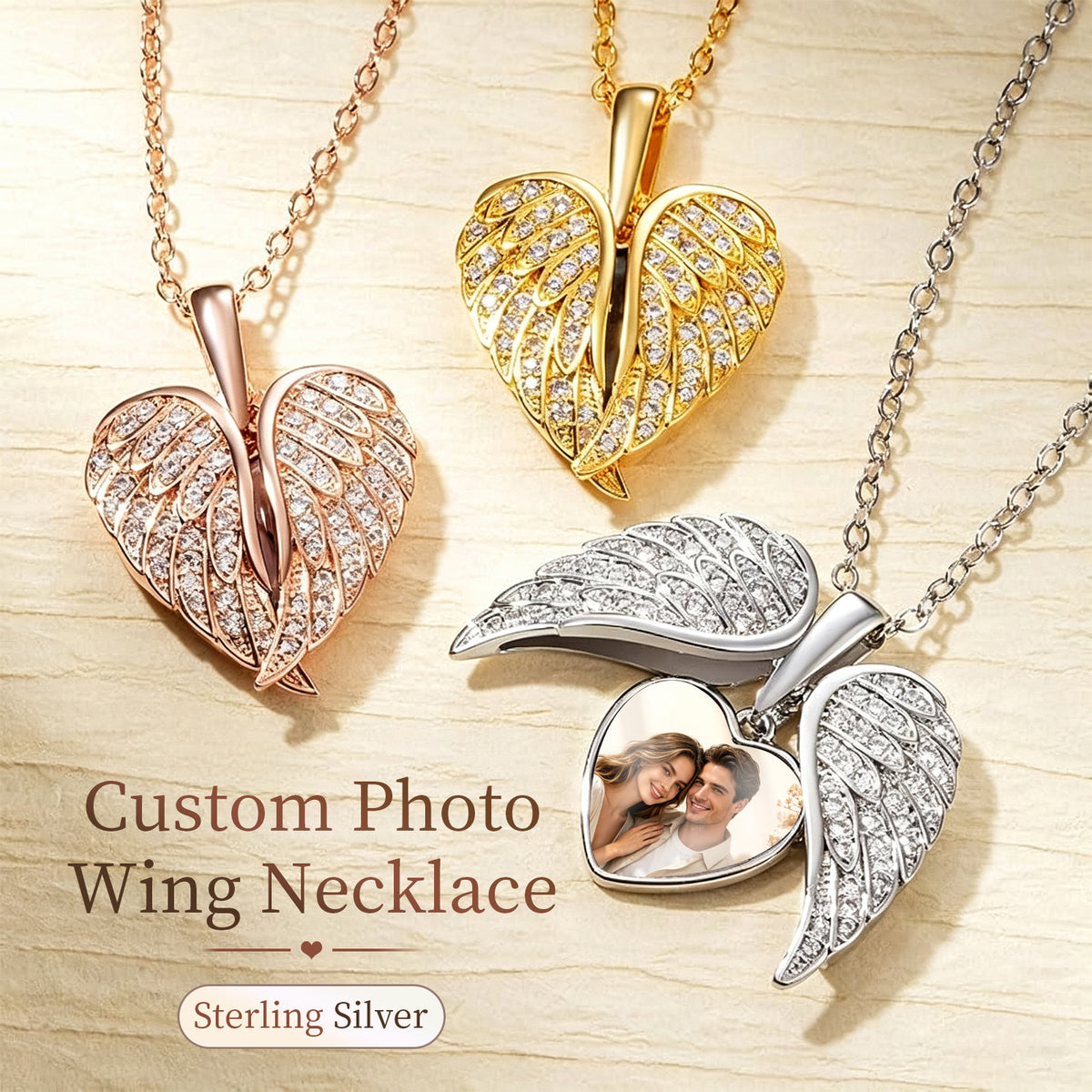 Personalized Sterling Silver Angel Wings Locket Necklace Custom Photo Heart Necklace Memorial Jewelry for Women Gifts for Mom Grandma Wife Girlfriend Mother's Day Anniversary Xmas Gifts