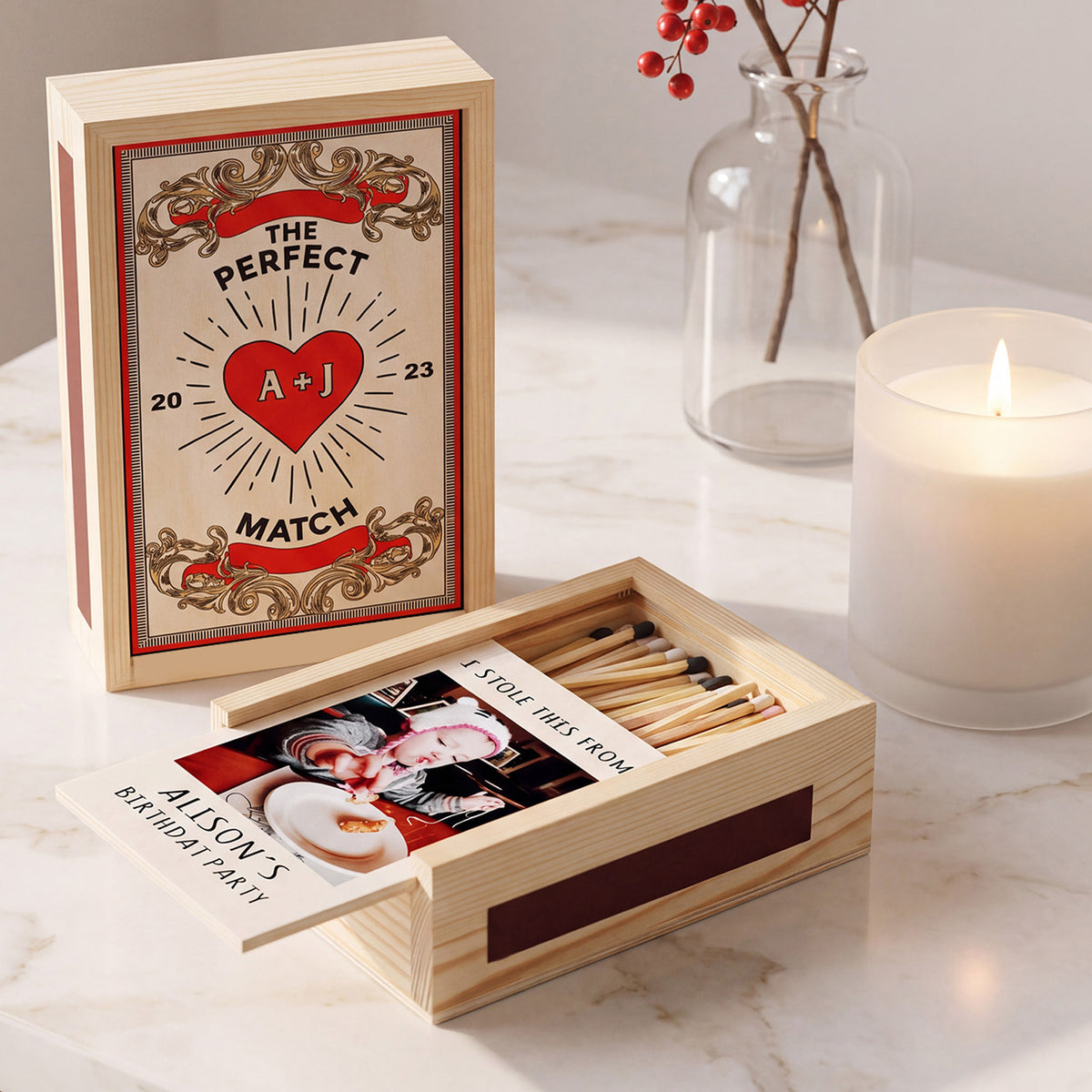 Personalized Matchbooks Custom Photo Name Matchbooks Wooden Matchbox Art for Couples Wedding Birthday Table Decor Without Matches Gifts for Bride Groom Husband Wife Family Friends