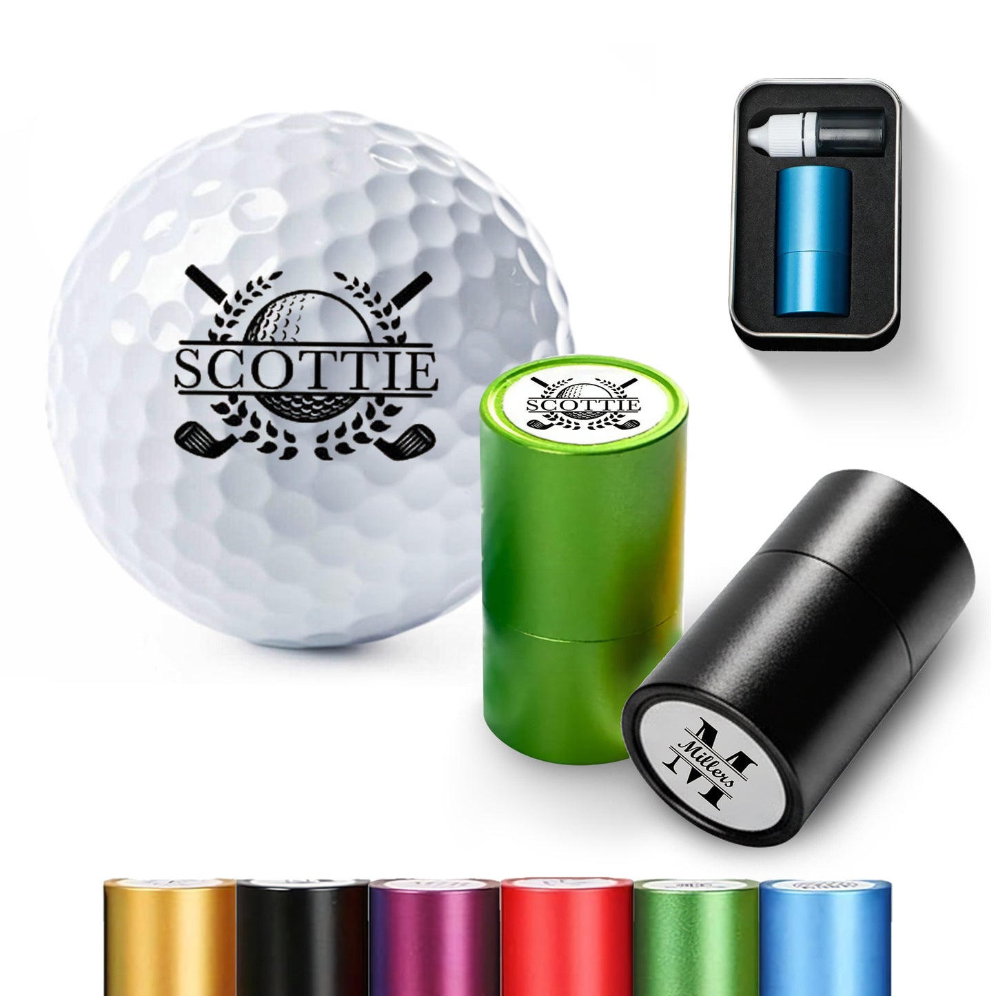 Personalized Golf Ball Stamp with Metal Storage Case