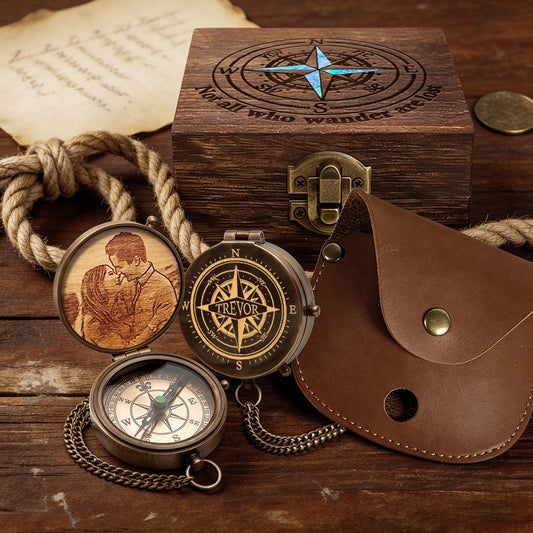 Personalized Engraved Compass with Wooden Box Custom Brass Pocket Compass with PU Leather Storage Pouch