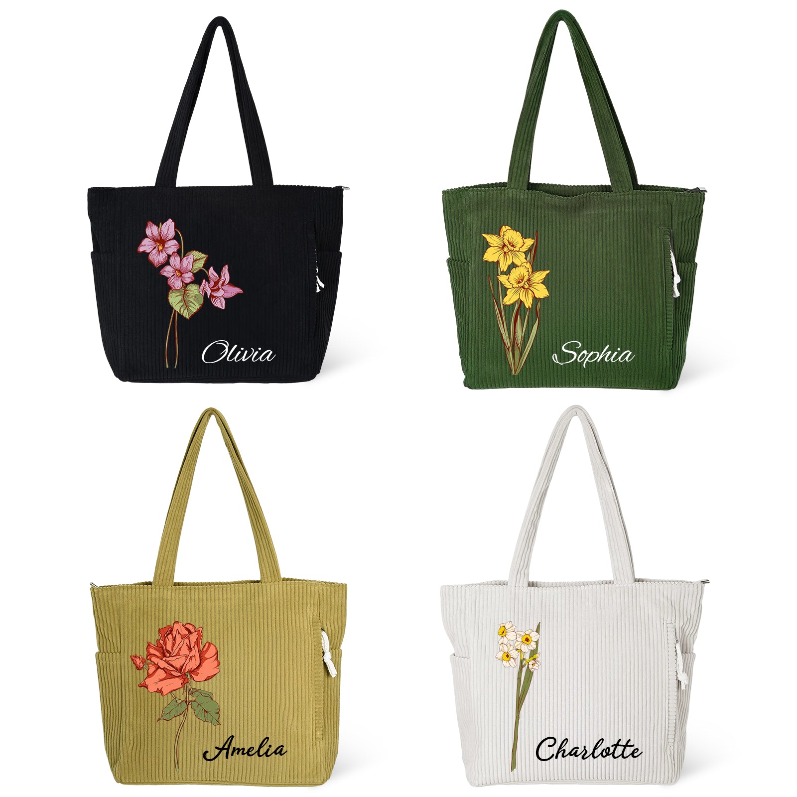Personalized Birth Flower Corduroy Tote Bag for Women Custom Name