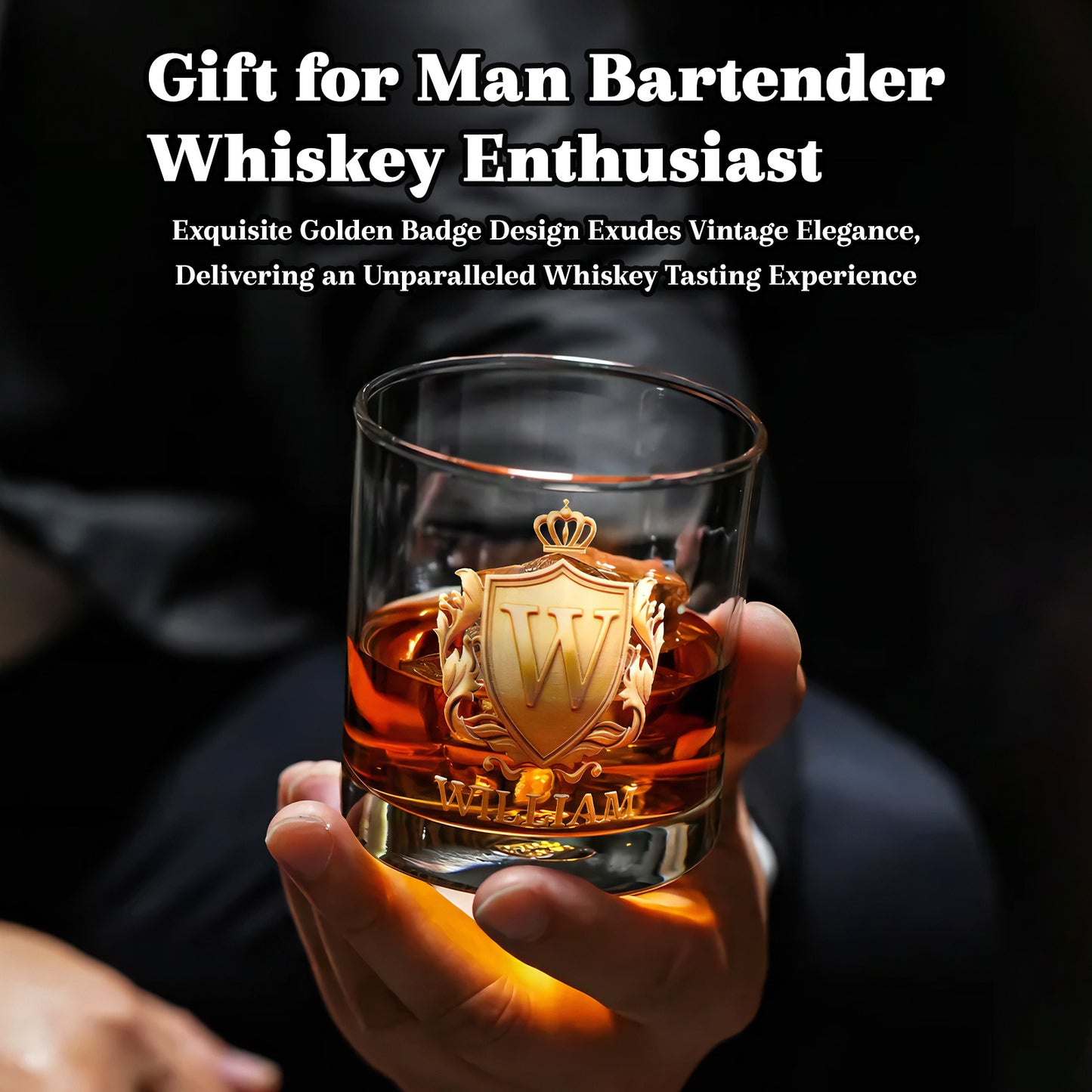 Personalized Golden Badge Whiskey Glass 10 oz Glass Glass for Scotch Bourbon Custom Initial and Name Gifts for Bartender Dad Husband Boyfriends Party Favor Birthday Father's Day Gifts