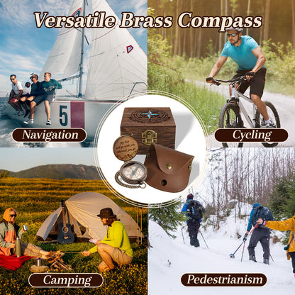 Personalized Engraved Compass with Wooden Box  Custom Brass Pocket Compass  with PU Leather Storage Pouch  for Camping Hiking Fishing  Vintage Antique Keepsake  Father's Day Birthday Xmas Gifts
