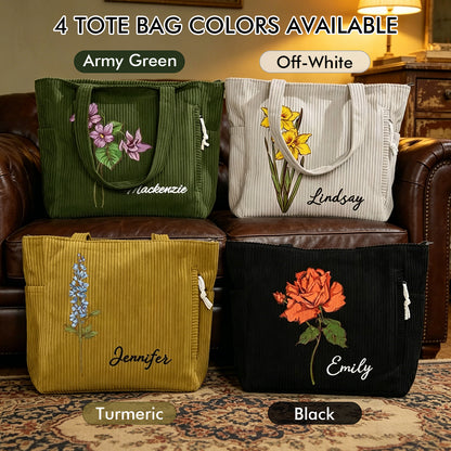 Personalized Birth Flower Corduroy Tote Bag