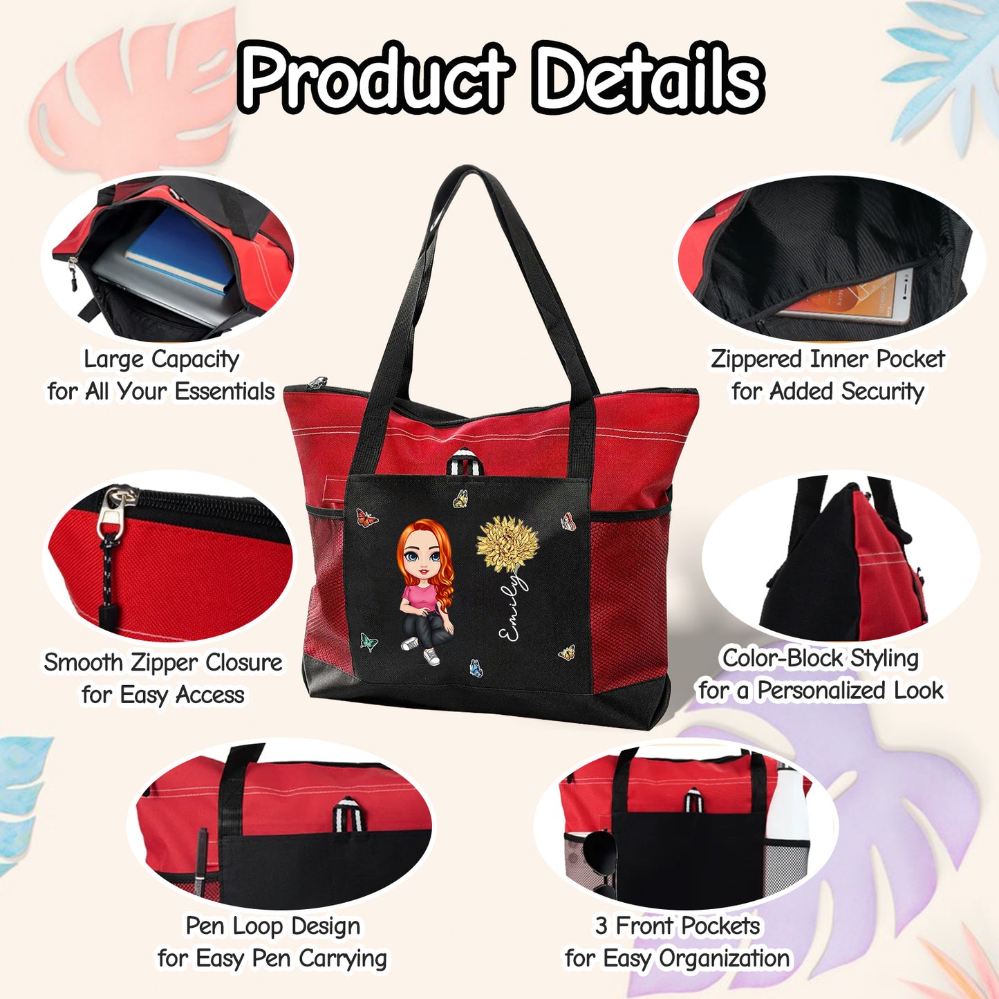Personalized Oxford Tote Bag for Women Custom Cartoon Lady Birth Flower Travel Storage Bag with Name Large Capacity Bag for Office Travel Beach Shopping Picnic Birthday Gift for Women
