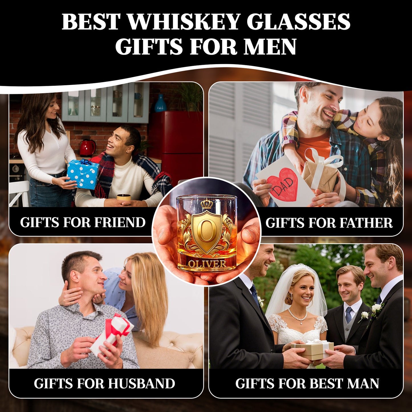 Personalized Golden Badge Whiskey Glass 10 oz Glass Glass for Scotch Bourbon Custom Initial and Name Gifts for Bartender Dad Husband Boyfriends Party Favor Birthday Father's Day Gifts