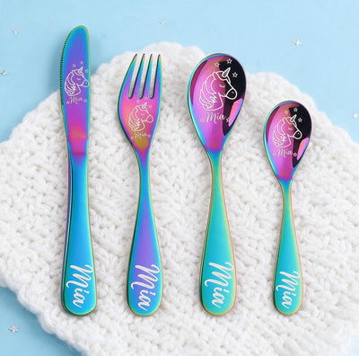 Personalized Dinosaur Unicorn Cutlery Set of 3/4 Laser Engraved Custom Name Engraved Spoon Knife Fork Set - 8 Colors Children's Stainless Steel Cutlery Set for Kitchen Gift for Children Kids Size