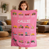 Personalized Construction Truck Blanket with Name – Soft Anti-Pilling Flannel Toddler Throw Gift for Kids