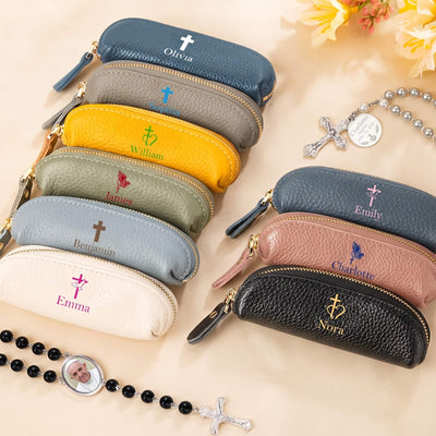 Personalized Genuine Leather Rosary Pouch Cross Print Rosary Bag with Name Mini Coin Purse Portable Rosary Storage Case Gifts for Christians Catholic Religious Baptism Women Family