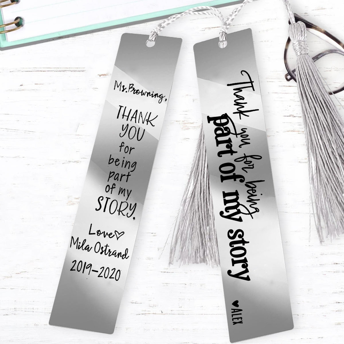 Marcapáginas de acero inoxidable personalizado para profesor/a
