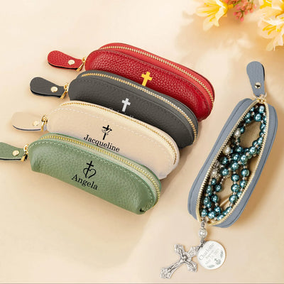 Bolsa de cuero genuino personalizada para rosario, estuche de rosario con estampado de cruz y nombre