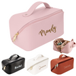 Personalized Large Capacity Cosmetic Bag Embroidered Makeup Bag with Name Portable Waterproof PU Leather Makeup Bag with Divider and Handle Travel Makeup Bag Gifts for Women Mom Bridesmaids (Embroidery)
