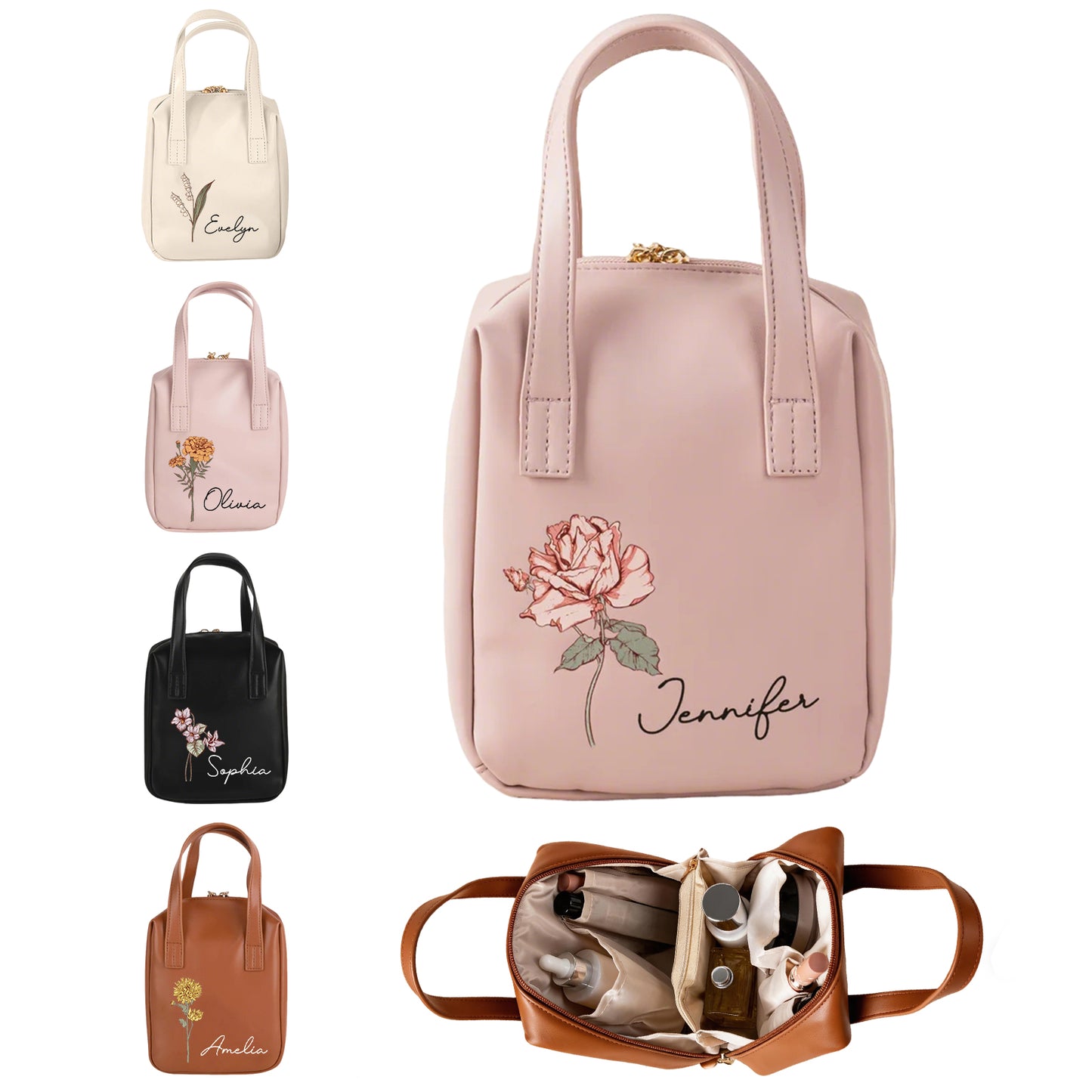 Personalized Birth Flower Makeup Bag with Name