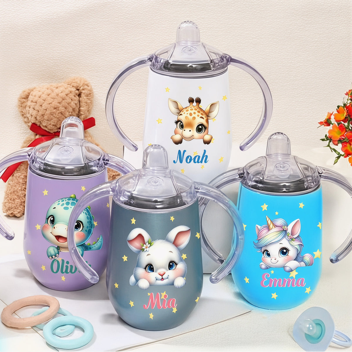 Personalized Insulated Sippy Cup for Toddlers Custom Cute Animal and Name Baby's First Straw Cup Training Cup with Handle BPA Free, 6m+ 10 oz/300ml Birthday Baby Shower Xmas Gifts
