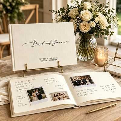 Personalized Wedding Guest Book Custom Bride & Groom Names Couple Photo Scrapbook Linen Hardcover Album 144 Blank Pages for Reception Engagement Wedding Keepsake Gifts for Newlyweds