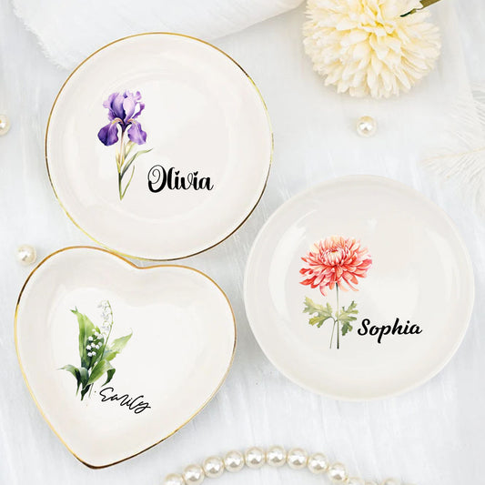Personalized Birth Flower Jewelry Dish with Name