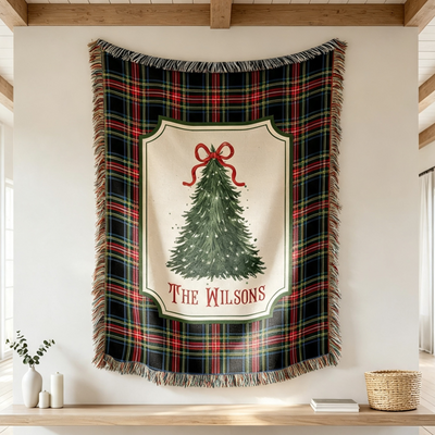 Personalized Christmas Family Blanket Custom with Elegant Tree & Family Name Fringe Christmas Blankets Holiday Throw Blanket Gift for Mom Dad Couple Wife Husband Xmas Gifts for Wedding