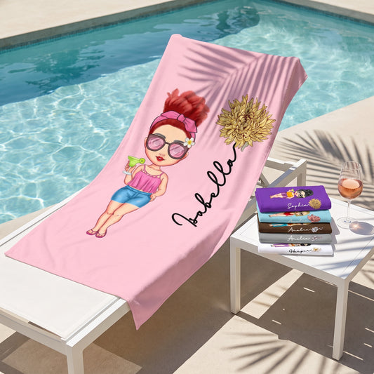 Toallas de playa personalizadas con nombre y flor de nacimiento de dibujos animados, toalla de playa extragrande de viaje para mujer, para piscina, camping, playa, regalos para hermanas, amigas, mejores amigas, regalo para adultos