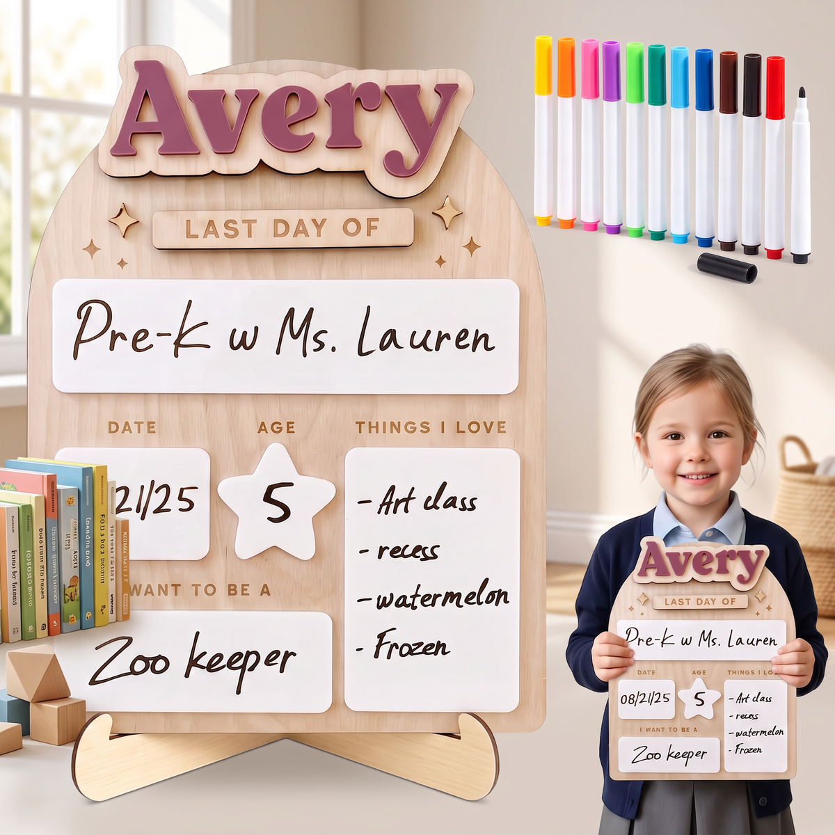 Personalized First and Last Day of School Board Custom Name Back to School Board Children Photo Prop for Preschool Kindergarten 1st Grade Wooden Milestone Keepsake Gift for Kids Girls Boys