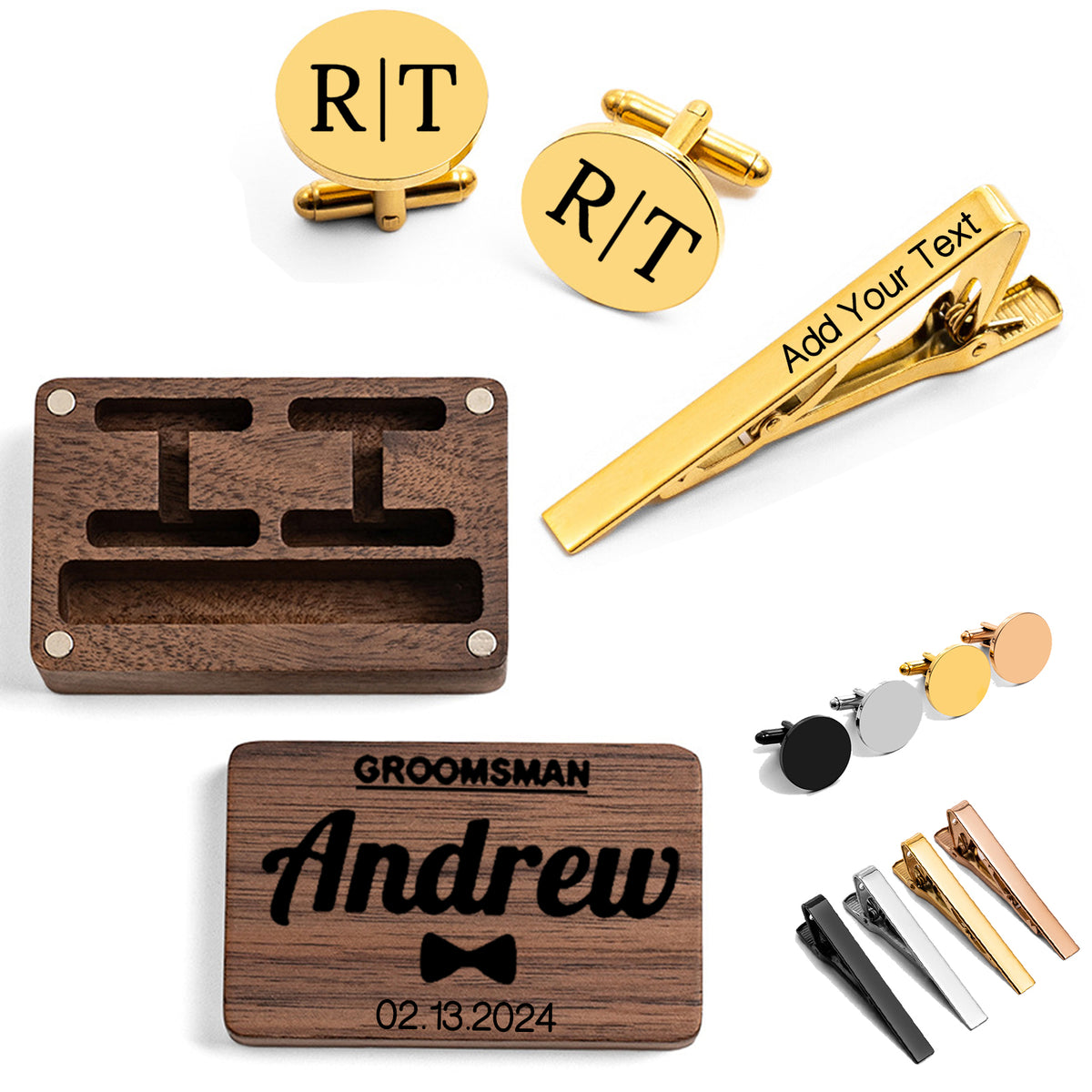 Juego personalizado de alfiler de corbata y gemelos con caja de madera