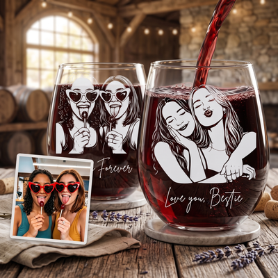 Copa de vino personalizada "Retrato de mejores amigas" Regalos de mejores amigas para mujeres Foto y nombre personalizados Copa de vino sin tallo de 15 oz Regalo de alma gemela Regalos para mejores amigas Hermana Familia Amiga Damas de honor