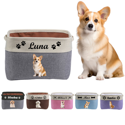 Cesta personalizada para juguetes de perro, caja de juguetes para perro personalizada con el nombre y la foto de la mascota