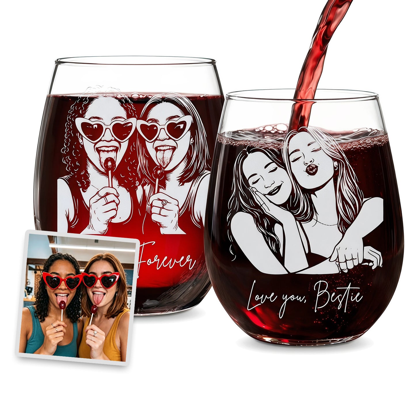 Personalized Besties Portrait Wine Glass BFF Gifts for Women Custom Photo and Name 15oz Stemless Wine Glass Soul Sister Present Gifts for Besties Sister Family Friend Bridesmaids