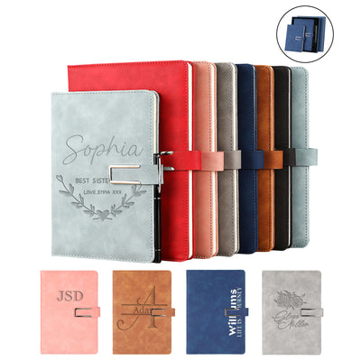 Cuaderno de diario de piel personalizado con nombre y hebilla magnética