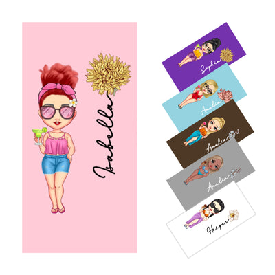 Toallas de playa personalizadas con nombre y flor de nacimiento de dibujos animados, toalla de playa extragrande de viaje para mujer, para piscina, camping, playa, regalos para hermanas, amigas, mejores amigas, regalo para adultos