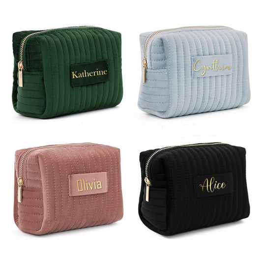 Personalized Velvet Makeup Bag, Custom Quilted Cosmetic Bag