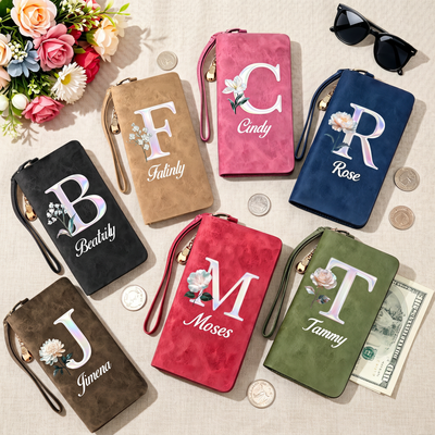 Cartera de pulsera personalizada para mujer con inicial de perla, flor de nacimiento y nombre, cartera de cuero PU con bolsillo para monedas, ventana de identificación y correa de mano, regalo de cumpleaños para el Día de la Madre, para mamá o amigas