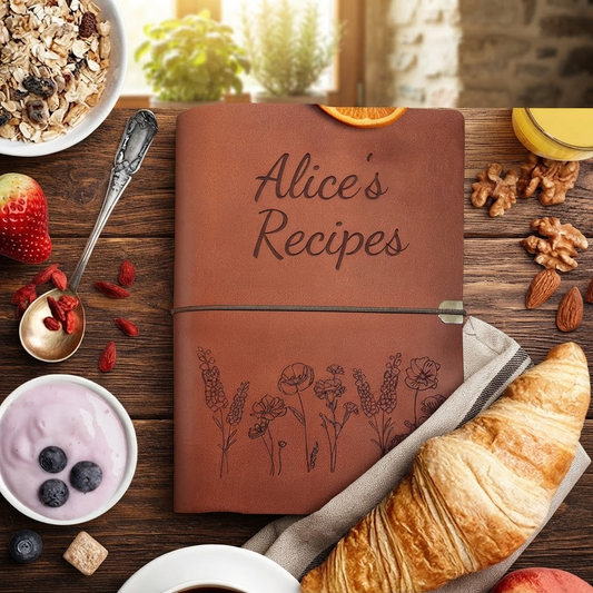 Libro de recetas de cuero hecho a mano, diario/cuaderno con nombre grabado personalizado