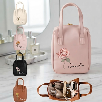 Bolsa de Maquillaje Personalizada con Flor de Nacimiento y Nombre