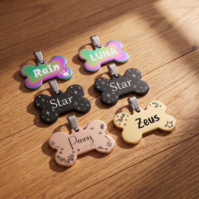 Name Pattern Art Design - Dog Tags Personalized for Pets - Custom Cats Dogs ID Tag - Stainless Steel Deep Engraving (Bone)