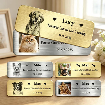 Personalized Name Plates with Photo, Custom Stainless Steel Plate for Small Urns, Name Plate with Adhesive Backing, for Memorial Plaque, Picture Frame, Art Tag, Flag case, Gifts for Pet Lovers