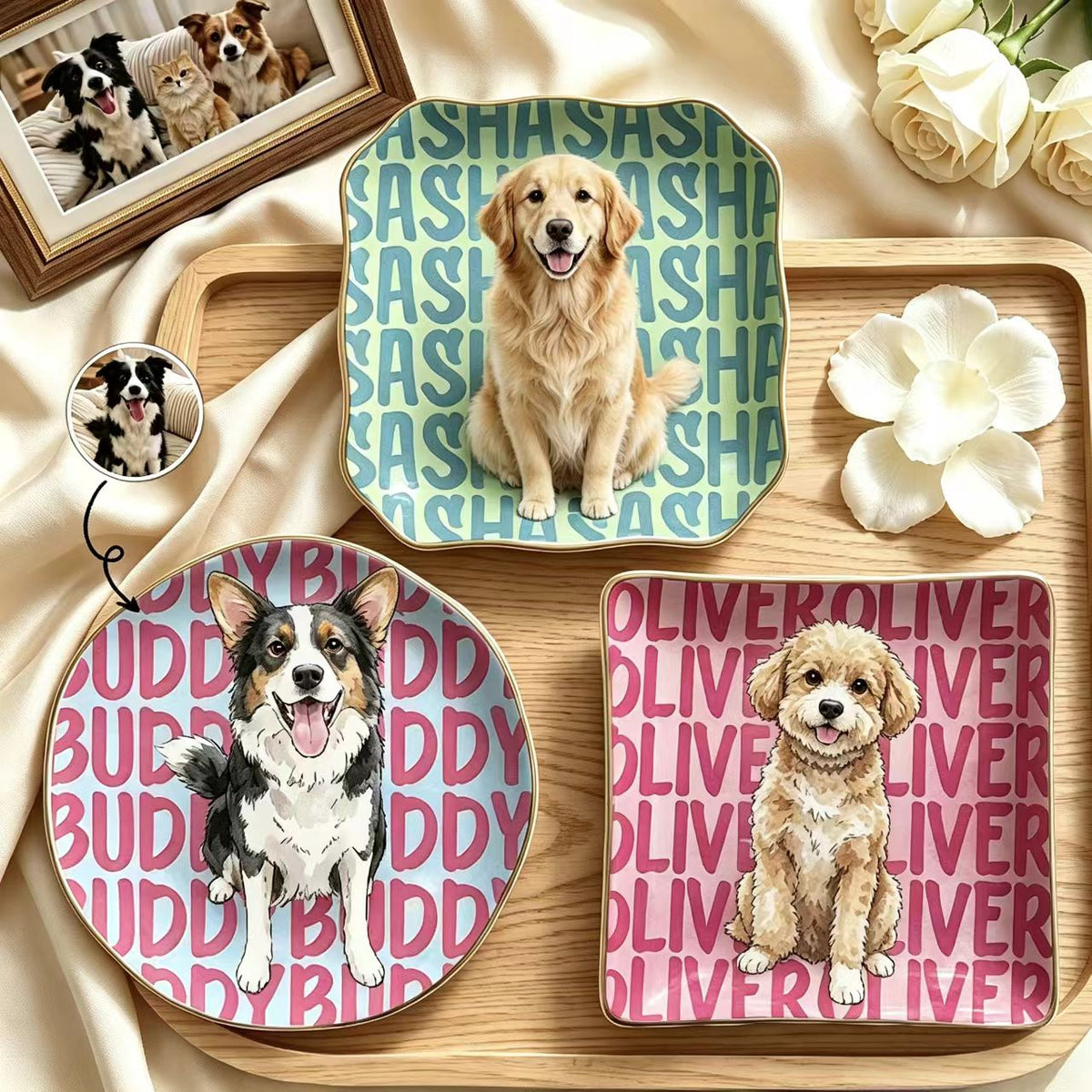 Custom Pet Portrait & Name Watercolor Style - Personalized Jewelry Dish