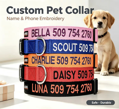 Personalized Dog Collar Custom Embroidered with Pet Name and Number