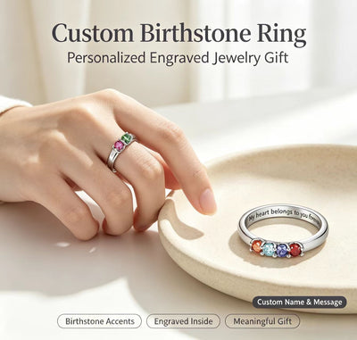 Personalized Sterling  Elegant 1-8 Birthstones Ring with Engraved Text Birthday Mother's Day Gift for Mom Grandma