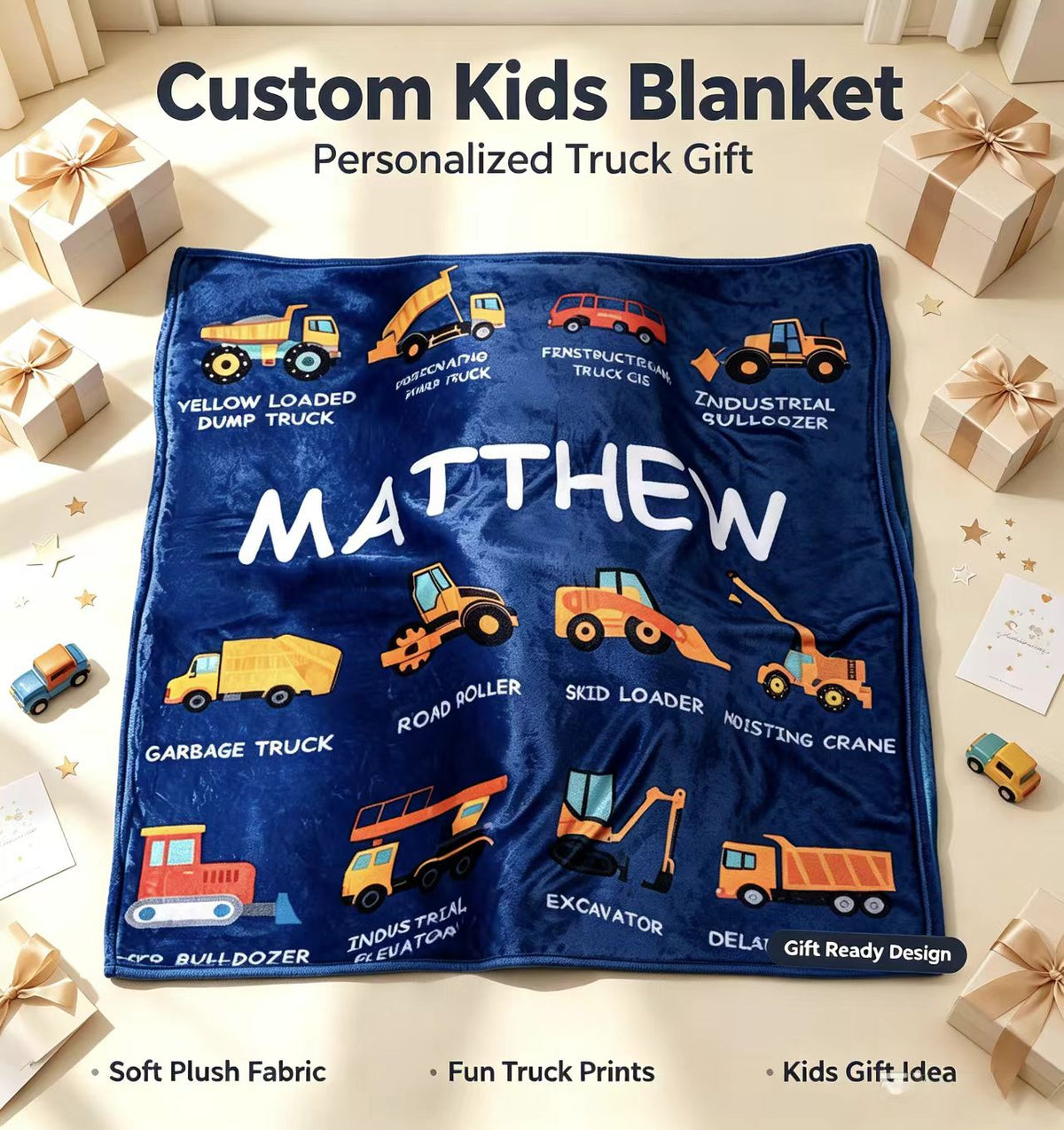 Personalized Construction Truck Blanket with Name – Soft Anti-Pilling Flannel Toddler Throw Gift for Kids