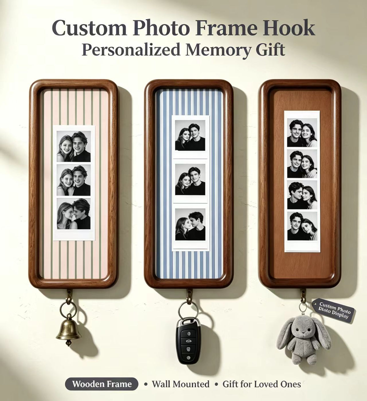 Narrow Fabric Mat Photobooth Strip Frame Solid Wood 2 Styles & 9 Colors Available Anniversary Gift
