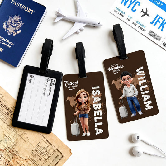 Personalized Travel Luggage Tag, Custom Cartoon Character and Name, Unisex Travel Accessories Essentials, with Blank Insert Card, Birthday Gifts for Men, Women, Family, Friends, Travel Lovers