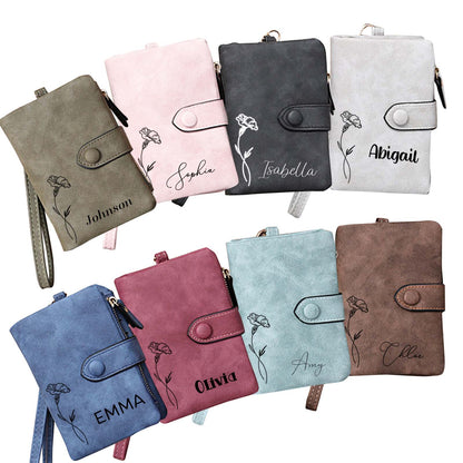 Personalized Leather Wallet, Custom Birth Flower Wallet