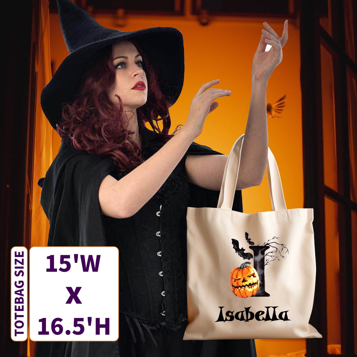 Personalized Halloween Tote Bag with Name, Custom Printed Name Halloween Basket